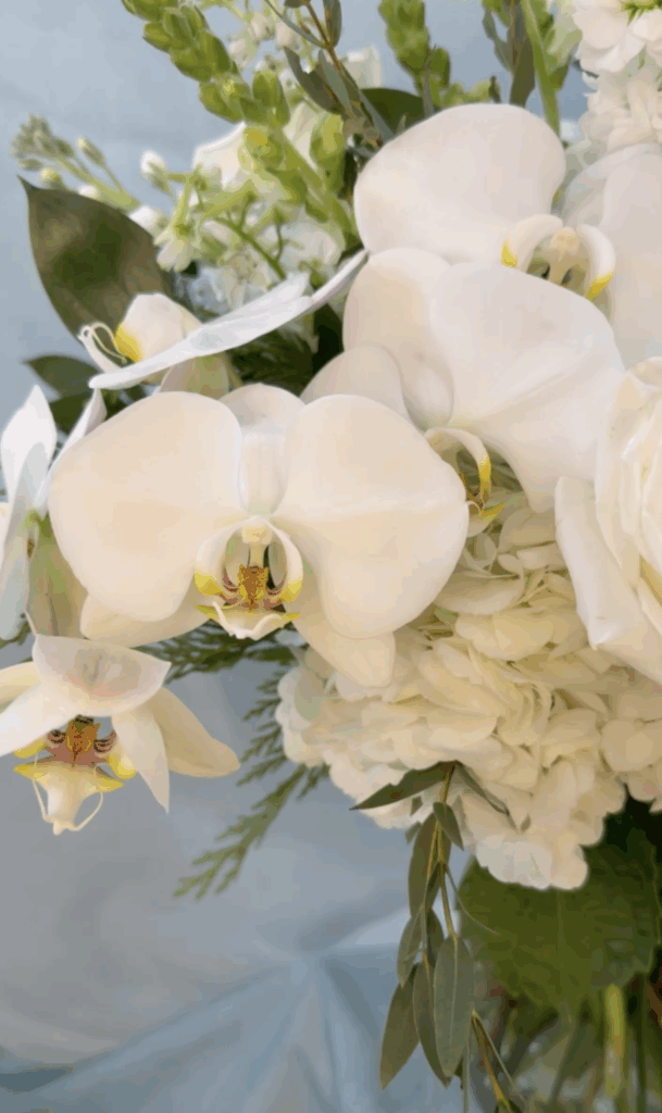 close up of white hydrangea, white orchids, and greenery.
